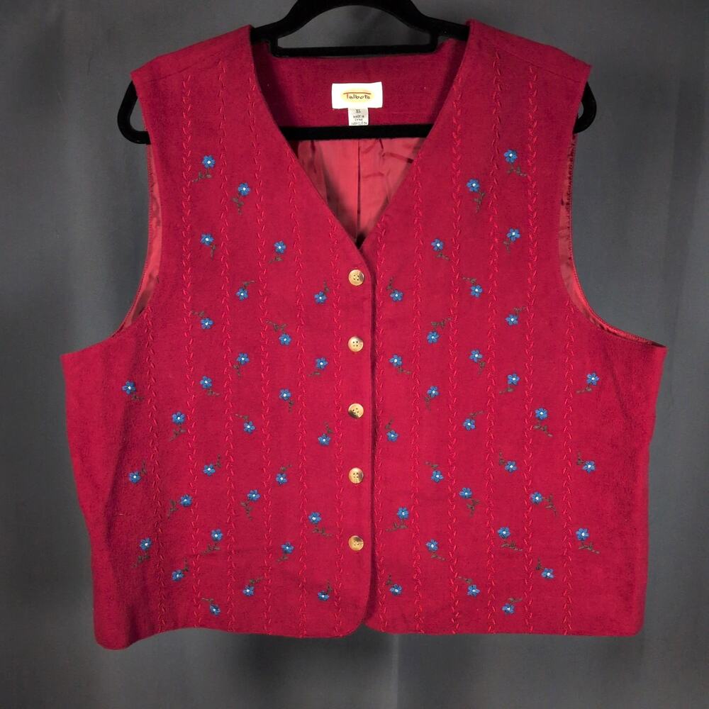 Vintage 90s Talbots Embroidered Floral Vest Cottagecore Red Blue Button Up XL